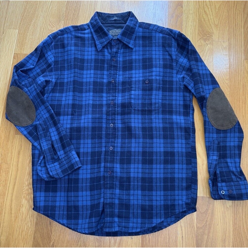 VINTAGE 90's Pendleton Wool  Shirt Mens Large BlueTrail Elbow Patch Flannel